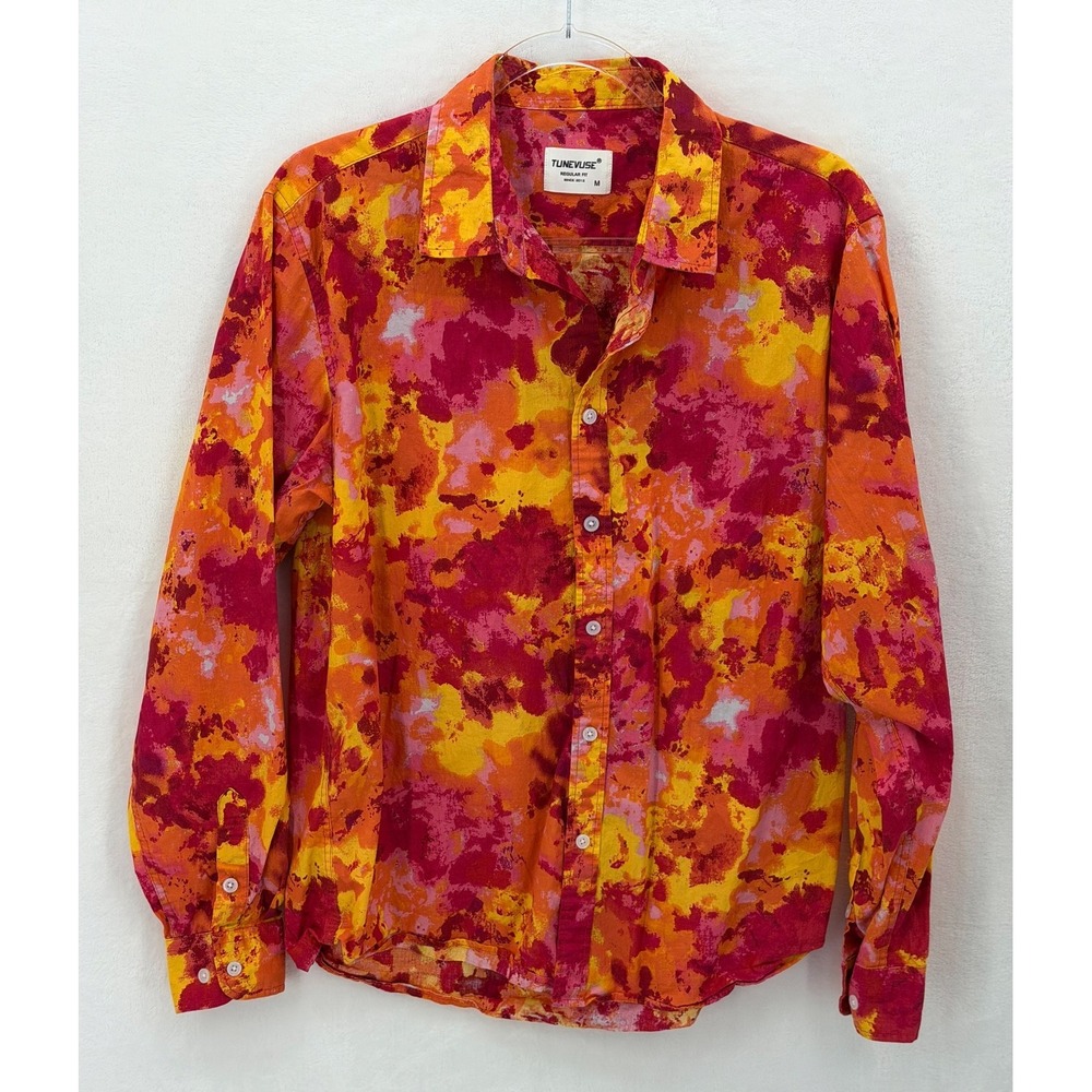 Tunevuse Shirt Mens Medium Yellow Pink Abstract Button Up Artsy Colorful Preppy